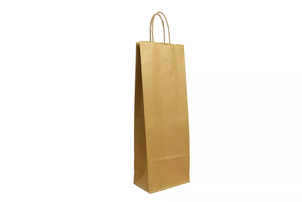 Kleine (14+8*39 cm) braune geriffelte Papierflaschentasche mit Papierkordel, unbedruckt, 110g/m², 25er Set