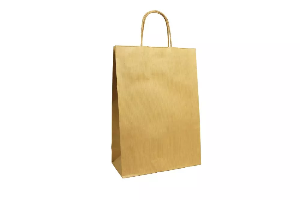 Große (26+12*35 cm) braune geriffelte Papiertasche mit Papierkordel, unbedruckt, 90g/m², 25er Set