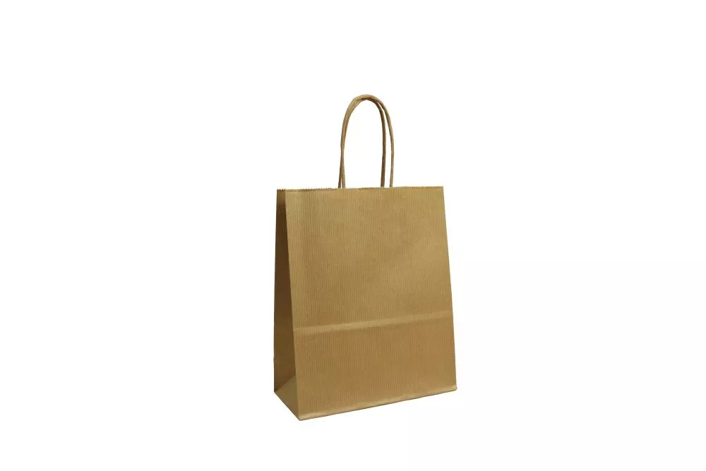 Kleine (18+8*22 cm) braune geriffelte Papiertasche mit Papierkordel, unbedruckt, 90g/m², 25er Set