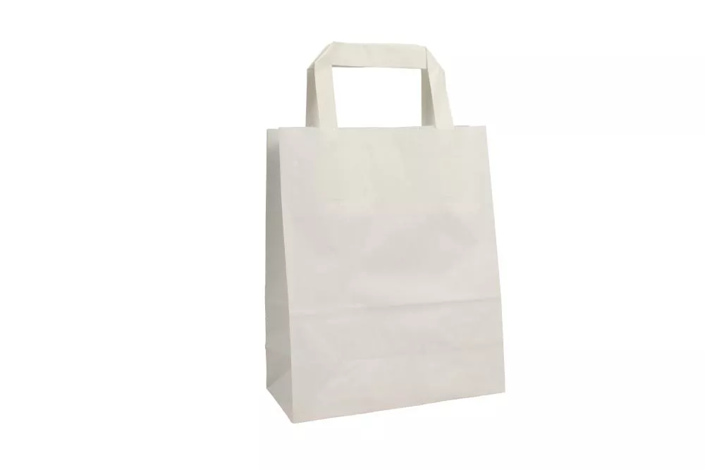 Kleine (18+8x22 cm) weiße Papiertasche mit Flachhenkel, unbedruckt, 70g/m², 25er Set