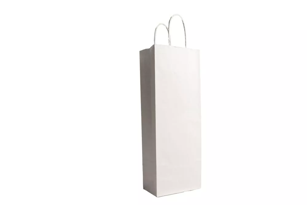 Kleine (14+8*39 cm) weiße Papierflaschentasche mit Papierkordel, unbedruckt, 110g/m², 25er Set