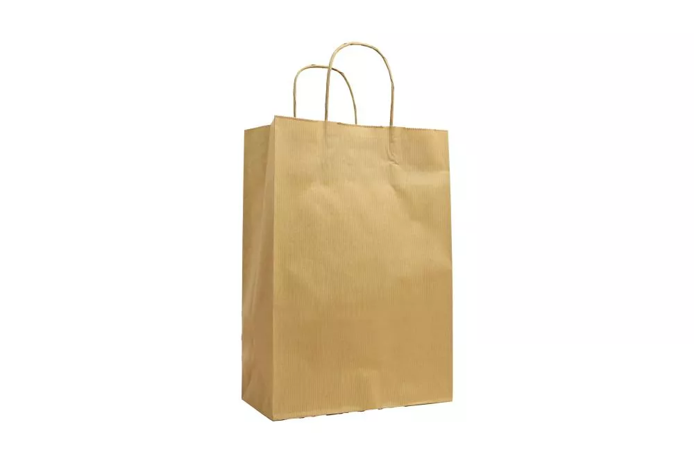 Mittlere (22+10*31 cm) braune geriffelte Papiertasche mit Papierkordel, unbedruckt, 90g/m², 25er Set