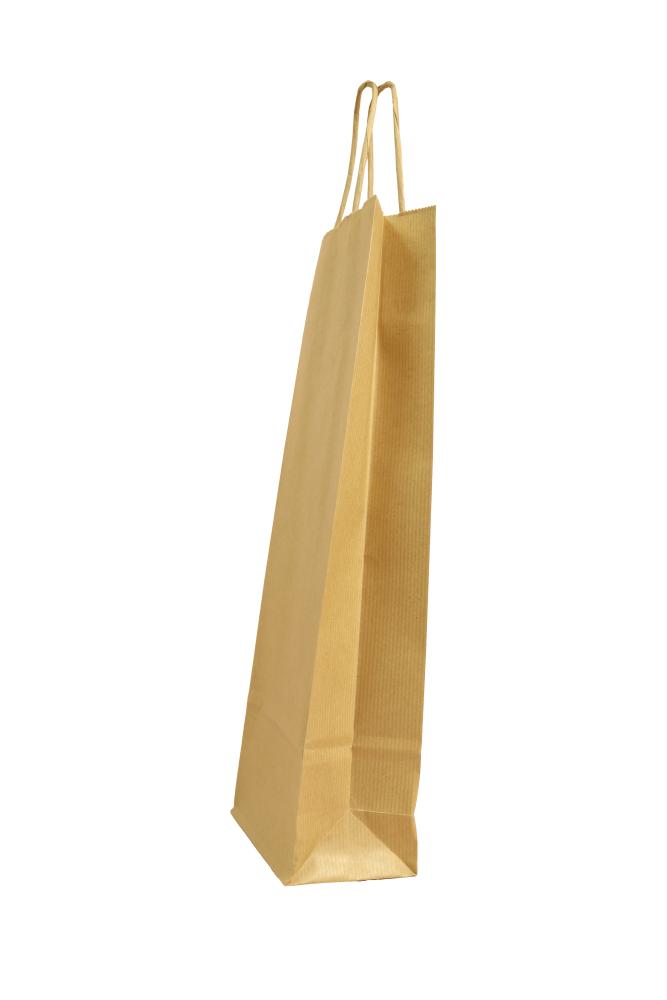 Kleine (14+8*39 cm) braune geriffelte Papierflaschentasche mit Papierkordel, unbedruckt, 110g/m², 25er Set