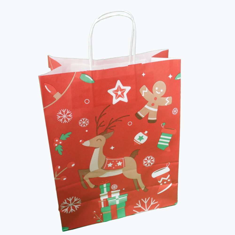 Preview: Weiße (18+8x22 cm) Papiertasche mit Papierkordeln bedruckt, 90g/m², X-Mas, 25er Set