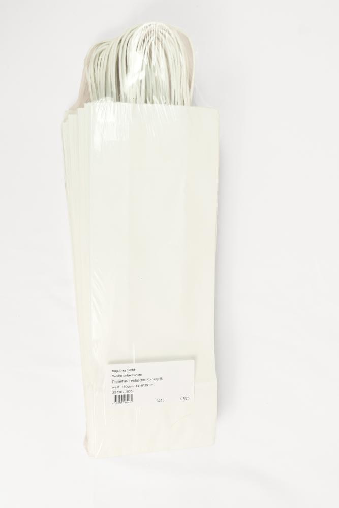 Preview: Kleine (14+8*39 cm) weiße Papierflaschentasche mit Papierkordel, unbedruckt, 110g/m², 25er Set